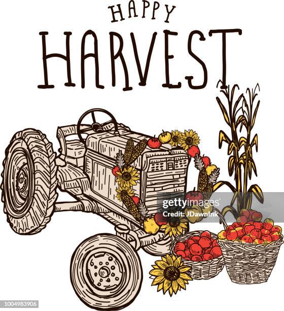 happy harvest thanksgiving tractor with crop harvest greeting design - hessian stock illustrations