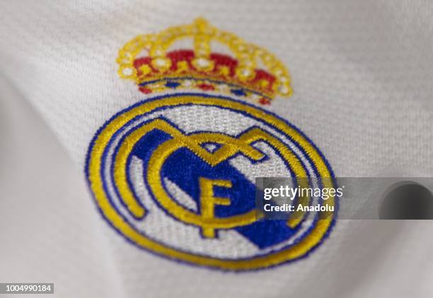 Logo of Real Madrid Football Club is seen in Ankara, Turkey on July 25, 2018.