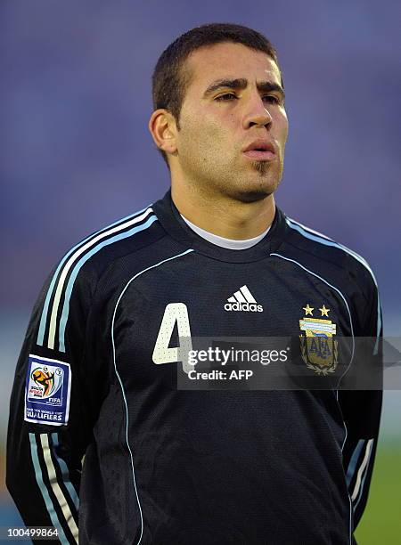 Argentina's defender Nicolas Otamendi looks on before the start the FIFA World Cup South Africa-2010 qualifier football match against Uruguay at...