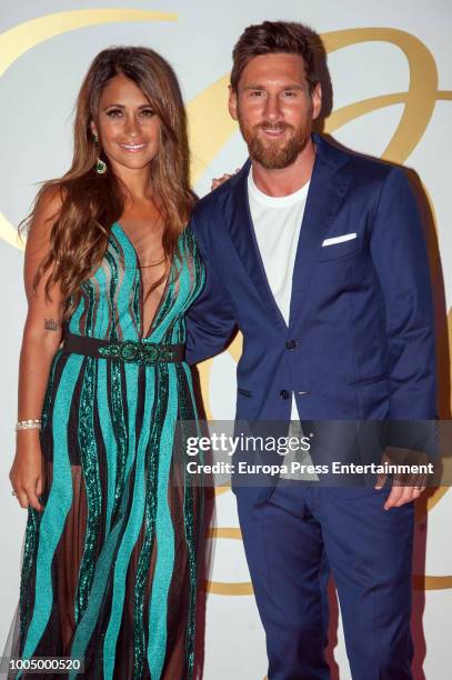 Leo Messi and Antonella Rocuzzo attend Cesc Fabregas and Daniella Semaan's wedding party on July 24, 2018 in Ibiza, Spain.