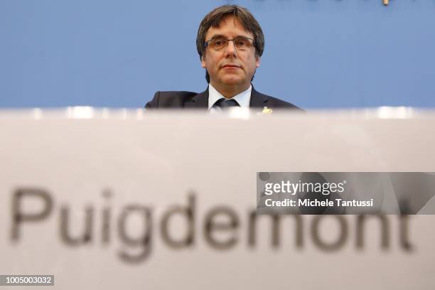 Carles Puigdemont, the Catalan separatist leader who had been indicted by Spanish authorities, addresses the media during a Press conference on July...