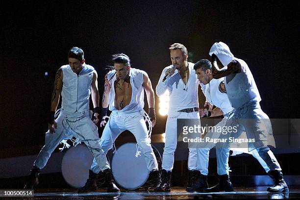 Giorgos Alkaios and Friends of Greece perform during the dress rehearsal before the first semi final at the Telenor Arena on May 24, 2010 in Oslo,...