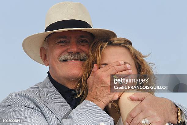 Russian actor and director Nikita Mikhalkov and Russian actress Nadezhda Mihalkova pose during the photocall of "Utomlyonnye Solntsem 2:...