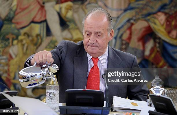 King Juan Carlos of Spain attends an audience with COTEC Foundation at the Zarzuela Palace on May 25, 2010 in Madrid, Spain.