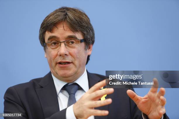 Carles Puigdemont, the Catalan separatist leader who had been indicted by Spanish authorities, addresses the media during a press conference on July...
