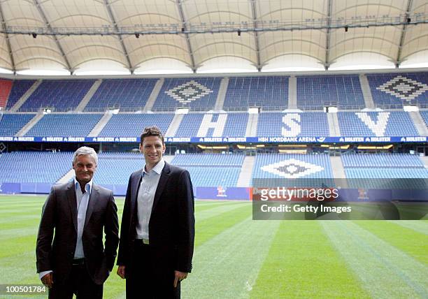 Head coach Armin Veh and sport director Bastian Reinhardt pose after the press conference to present the new head coach Armin Veh and the new sport...