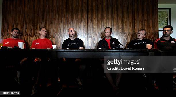 Andy Farrell, Dan Vickers, Paul Gustard, Brendan Venter, Mark McCall and Alex Sanderson, the Saracens coaching staff, face the press during the...