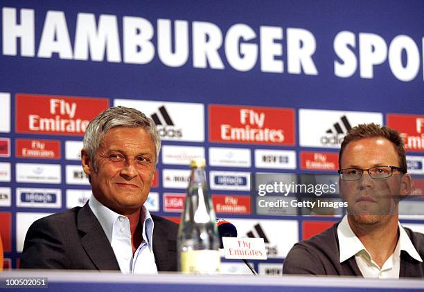 Head coach Armin Veh and press officer Konstantin Krueger look on during a press conference to present the new head coach Armin Veh and the new sport...