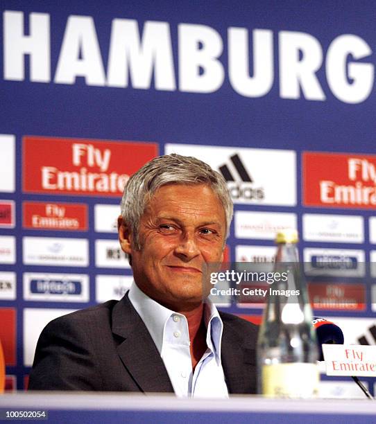 Head coach Armin Veh smiles during a press conference to present the new head coach Armin Veh and the new sport director Bastian Reinhardt of...