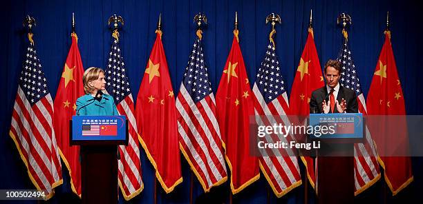 Secretary of State Hillary Clinton and U.S. Treasury Secretary Timothy Geithner attend U.S. Delegation Press Conference following the China-U.S....