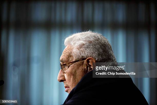 Former secretary of state Henry Kissinger testifies before the Senate Foreign Relations Committee about the new Strategic Arms Treat between Russia...