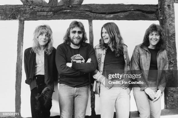 Ozzy Osbourne records his 'Blizzard of Ozz' album at Ridge Farm Studio, 1980. From left to right, guitarist Randy Rhoads, drummer Lee Kerslake, Ozzy...