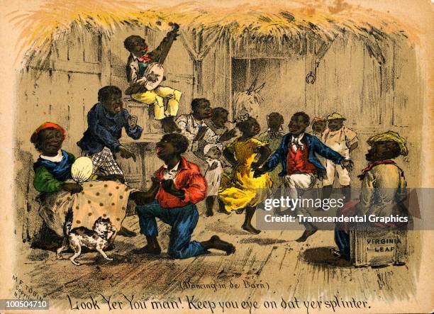 Lithograph features an illustration of a group of stereotypically rendered African Americans as they dance barefoot in a barn while, in the...