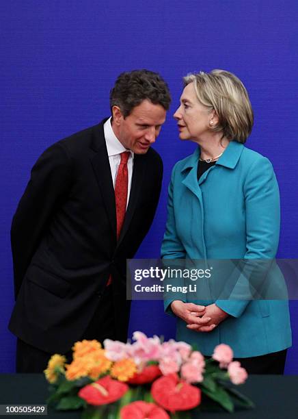 Secretary of State Hillary Clinton and U.S. Treasury Secretary Timothy Geithner attend a press conference during the China-U.S. Strategic and...