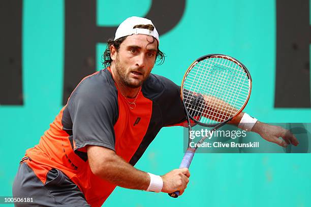 Santiago Ventura of Spain plays a backhand during the men's singles first round match between Santiago Ventura of Spain and Andreas Seppi of Italy on...