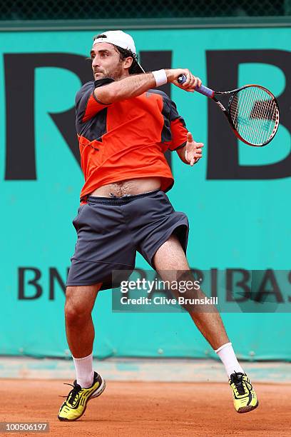 Santiago Ventura of Spain plays a forehand during the men's singles first round match between Santiago Ventura of Spain and Andreas Seppi of Italy on...