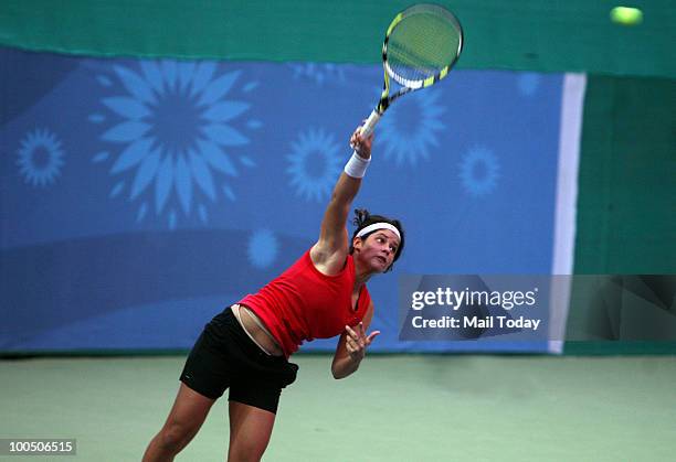 Kyra Shroff in action during the first match of the Asian closed Junior Tennis Championship against Ravnoor Kaur in New Delhi on May 24, 2010. Kyra...