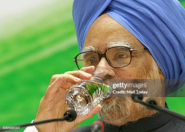 Prime Minister Manmohan Singh during his national press conference on completion of one year by his government at Vigyan Bhavan in New Delhi on May...