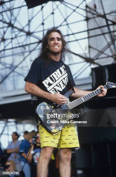 Scott Ian of heavy metal band Anthrax performs on stage at the Monsters of Rock Festival held at Donington Park on August 22, 1987.