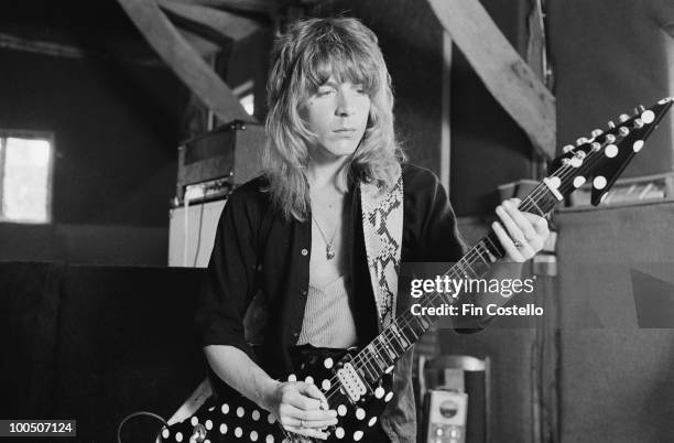 American guitarist Randy Rhoads recording Ozzy Osbourne's 'Blizzard of Ozz' album at Ridge Farm Studio, 1980.