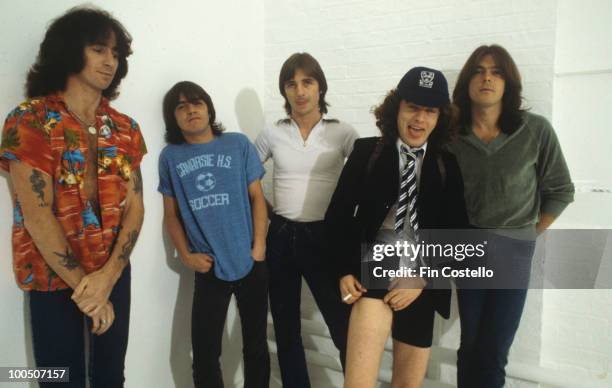 Bon Scott, Malcolm Young, Phil Rudd, Angus Young and Cliff Williams of Australian rock band AC/DC pose in London, England in August 1979.