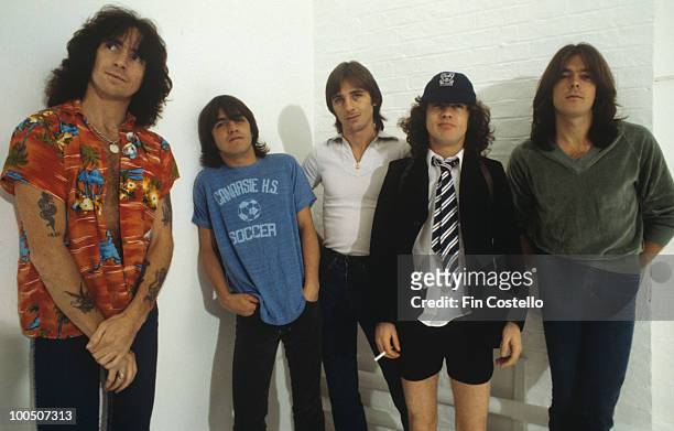 Bon Scott, Malcolm Young, Phil Rudd, Angus Young and Cliff Williams of Australian rock band AC/DC pose in London, England in August 1979.