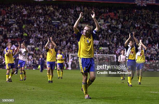Hakan Mild of Sweden leads the applause after the England v Sweden International friendly at Old Trafford, Manchester. Mandatory Credit: Ross...