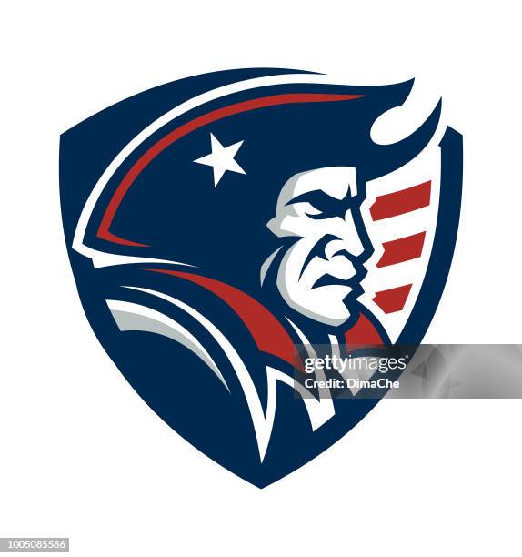 ilustrações, clipart, desenhos animados e ícones de mascote de patriota americano no escudo com a bandeira dos eua - tricórnio