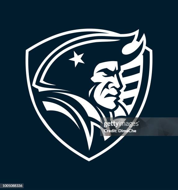 american patriot mascot head on shield outline silhouette for dark background - american revolution soldier stock illustrations