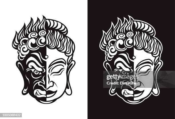 ilustrações, clipart, desenhos animados e ícones de budista hannya mal e m�áscara buda calmo - buda