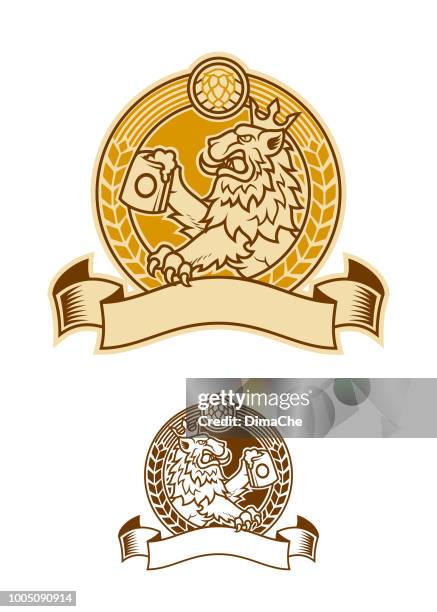ilustraciones, imágenes clip art, dibujos animados e iconos de stock de símbolo de león en emblema de cerveza corona - sidra