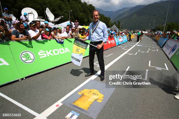 Christian Prudhomme of France TDF Director ASO / Geraint Thomas of Great Britain and Team Sky Yellow Leader Jersey / Grid Start setup / Landscape /...