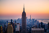 Dramatic sunset over the iconic Manhattan skyline, New York City, USA