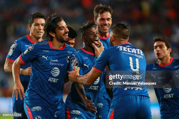 Rodolfo Pizarro , Aviles Hurtado and Nicolas Sanchez of Monterrey, celebrate their first goal scored by Hurtado during the 1st round match between...