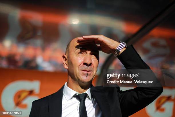 Pako Ayestaran, coach of Pachuca gestures during the 1st round match between Pachuca and Monterrey as part of the Torneo Apertura 2018 Liga MX at...