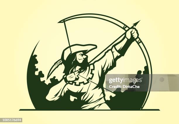 ilustraciones, imágenes clip art, dibujos animados e iconos de stock de icono de la mascota de arquero medieval robin hood - arrow bow and arrow