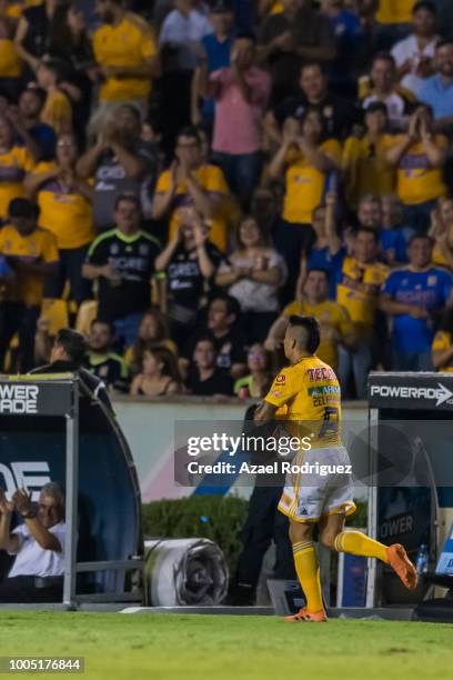 Lucas Zelarayan of Tigres celebrates after scoring his team´s first goal during the 1st round match between Tigres UANL and Leon as part of the...