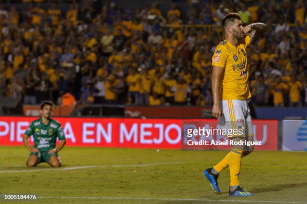 Andre-Pierre Gignac of Tigres celebrates after scoring his team´s second goal during the 1st round match between Tigres UANL and Leon as part of the...