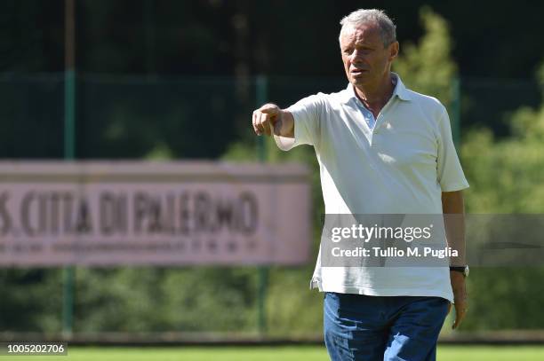 Palermo owner Maurizio Zamparini looks on during a training session at the US Citta' di Palermo training camp on July 25, 2018 in Belluno, Italy.