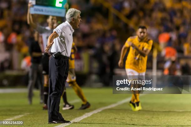 Ricardo Ferretti coach of Tigres gives directions to his players during the 1st round match between Tigres UANL and Leon as part of the Torneo...