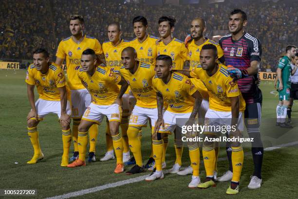 Players of Tigres pose prior the 1st round match between Tigres UANL and Leon as part of the Torneo Apertura 2018 Liga MX at Universitario Stadium on...