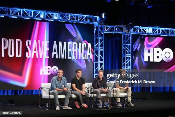 Jon Favreau, Jon Lovett, Dan Pfeiffer and Tommy Vietor of 'Pod Save America' speaks onstage during the HBO portion of the Summer 2018 TCA Press Tour...