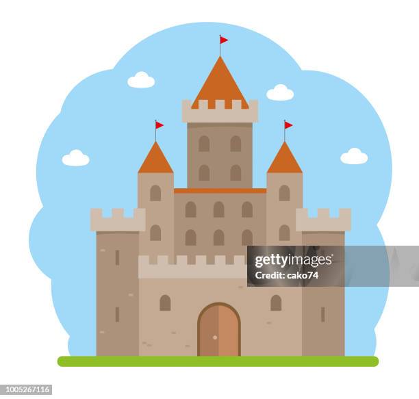 ilustraciones, imágenes clip art, dibujos animados e iconos de stock de castillo medieval de diseño plano - turret