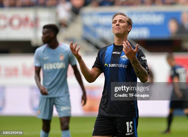 Phillip Tietz of Paderborn gestures during the Friendly match between SC Paderborn 07 and AS Monaco at Benteler-Arena on July 21, 2018 in Paderborn,...