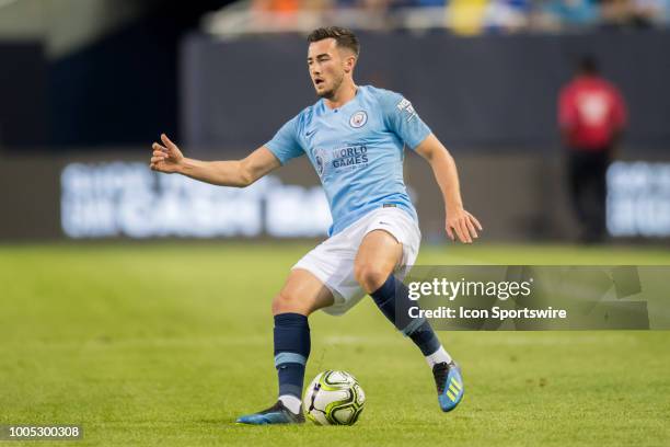 Manchester City F.C. Midfielder Douglas Luiz controls the ball during an International Champions Cup match on July 20 at Soldier Field in Chicago, IL.