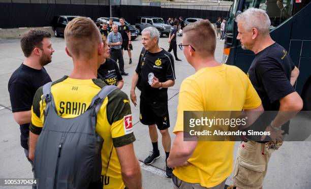 Lucien Favre, head coach of Borussia Dortmund talks with the fans after a training session at Hein Field stadium as part of Borussia Dortmund US Tour...