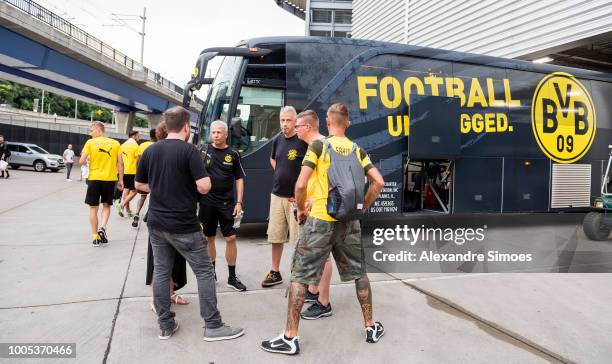 Lucien Favre, head coach of Borussia Dortmund talks with the fans after a training session at Hein Field stadium as part of Borussia Dortmund US Tour...