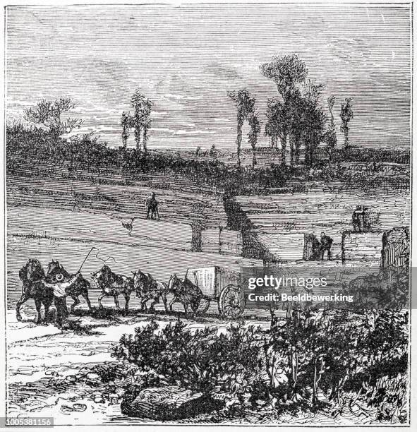 open stone pit quarry with horsedrawn carriage - sandstone stock illustrations