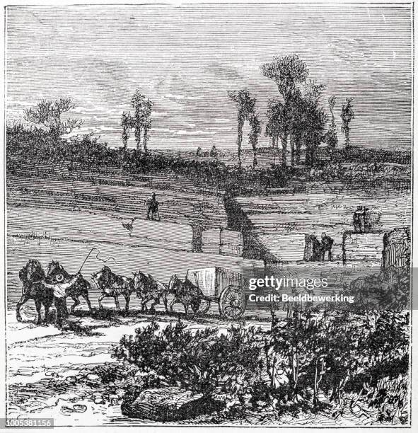 open stone pit quarry with horsedrawn carriage - quarry stock illustrations