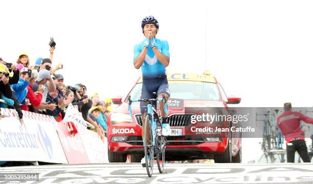 Nairo Quintana of Colombia and Movistar Team celebrates winning stage 17 of Le Tour de France 2018 between Bagneres-de-Luchon and Saint-Lary-Soulan,...